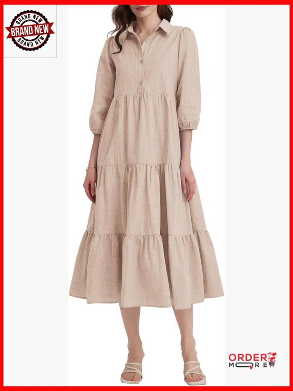 3/4 Sleeve Tiered Maxi Dress with Button Down Tie Waist